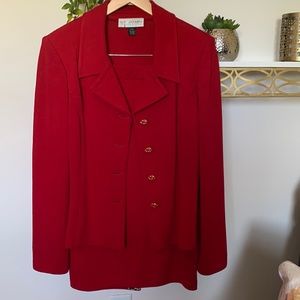 St.John Red skirt suit gold tone buttons on front and skirt slit placket.